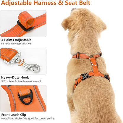 Dog Seat Belt Harness for Car, Dog Car Harness Adjustable Mesh Breathable & Dogs Seatbelt Safety Tether with Elastic Bungee for Small Medium Large Pets(Orange, S)