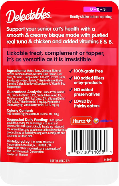 Hartz Delectables Bisque Lickable Wet Cat Treats with Tuna & chicken, Senior Cats 10+ years, 1.4 Ounce (Pack of 12) - Packaging May Vary
