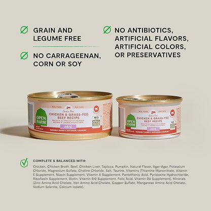 Open Farm Canned Cat Food, Paté for Complete & Balanced Nutrition, Grain-Free and Legume-Free Wet Cat Food, Chicken & Beef Recipe, 2.8oz Cans (Case of 18)
