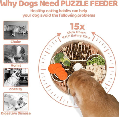 Slow Feeder Dog Bowl for Large Dogs with Non-Slip Base - Adjustable Speed Design, Removable Puzzle Inserts & Dishwasher Safe, Pink