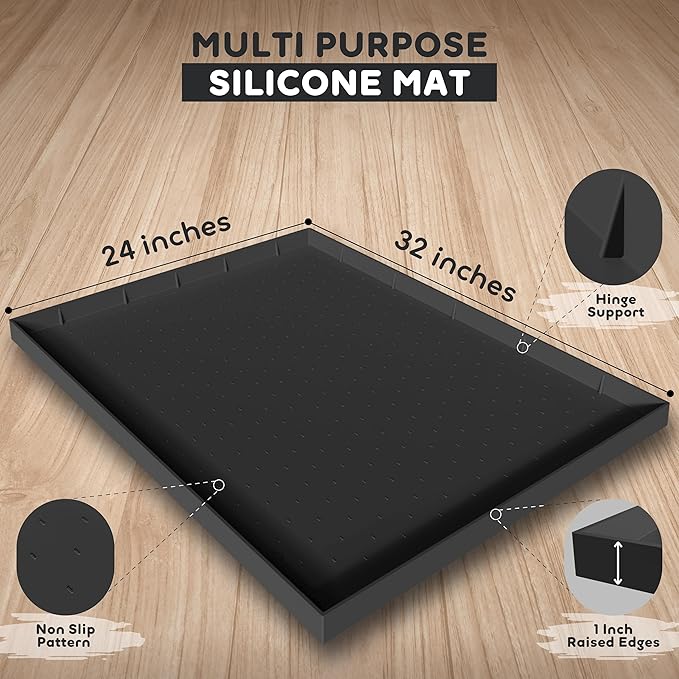 32x24x1” XL Dog Food Mat - All Purpose Under Sink Liner, Washer and Dryer Covers for The Top, Silicone Griddle Mat for Blackstone - Raised Edges Dog Mat for Food and Water Prevent Spill, Waterproof
