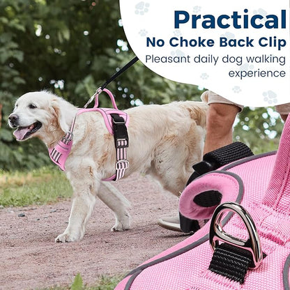 Funfox Dog Harness No Pull, Adjustable Pet Vest Harness, Super Soft Material with Vertical Handle Easy Control, Reflective Night Walking, 2 Leash Clips for Large Dogs, Pink, L