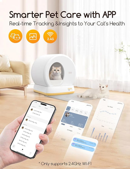 MeoWant Self-Cleaning Cat Litter Box, Advanced Safety System Automatic Cat Litter Box Perfect for Multi Cats, Extra Large/Odor Control/APP Control Smart Cat Litter Box with Mat & Liner, Yellow