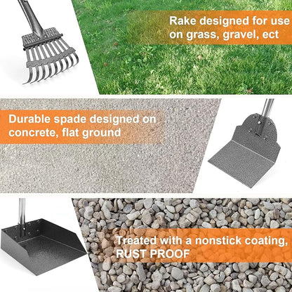 Dog Pooper Scooper, Adjustable Handle Poop Scooper with Tray,Rake and Spade Set of 3, Steel Stainless Poop Scoop for Small Medium Dogs and Pet Waste on Grass, Dirt and Gravel (Medium Size)