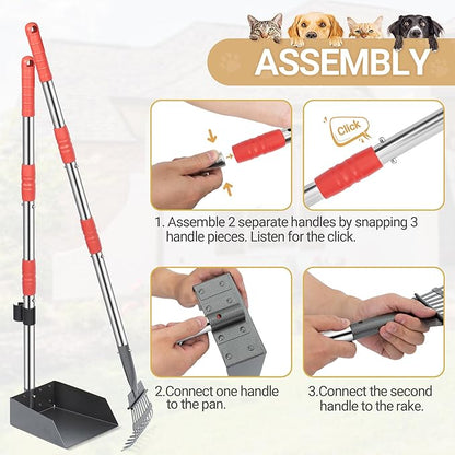 Heeyoo Dog Pooper Scooper, Dog Poop Tray and Rake Set, Pet Waste Removal Scoop with Long Adjustable Sectional Stainless Handles