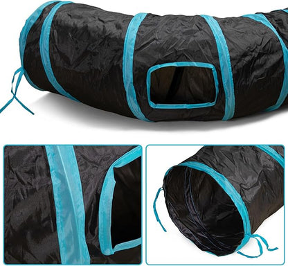 Cat Tunnel, S-2-Way Cat Tunnels for Indoor Cats, Interactive Toy Maze Cat House, Foldable Cat Tubes and Tunnels for Cats Kittens, Puppies, Kitty, Kitten, Rabbit, Guinea Pigs (Blue & Black)