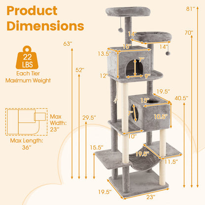 84 Inch Large Cat Tree with 2 Condos and 2 Soft Plush Perches for Indoor Cats-Gray