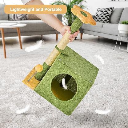 24 Inch Cat Tree Condo for Indoor Cats with Floral Sisal Scratching Post, Plush Hang Ball Play Furniture for Kittens Cats, Yellow