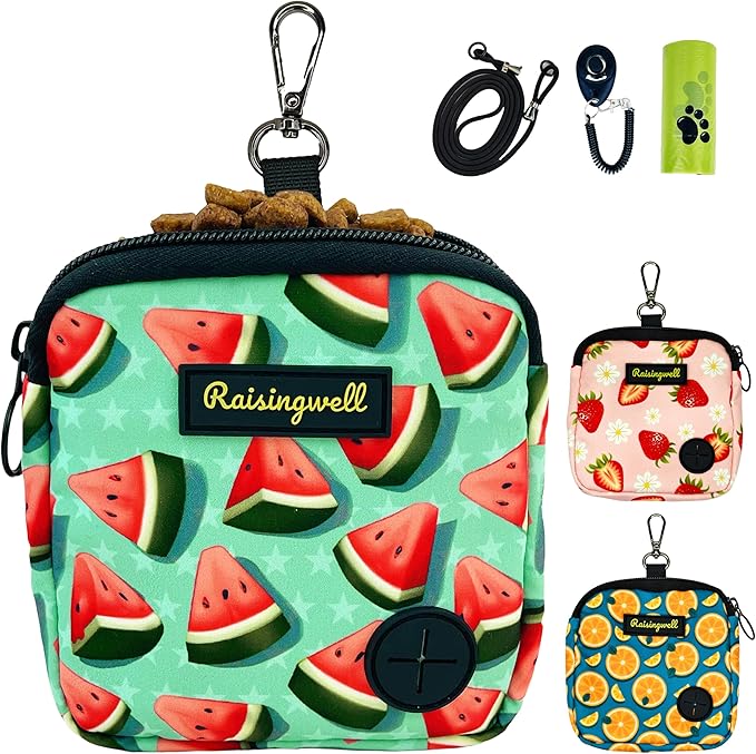 Dog Treat Pouch for Pet Walking and Training with Clicker Poop Bags Small Fanny Zipper Pack Holder for Puppy Snack Dispenser Kit for Leash and Outdoor Use (Watermelon)