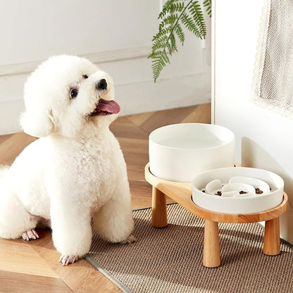 Ceramic Slow Feeder and Water Bowl Set for Medium and Large Dogs, Ceramic Dog Bowls Elevated with Wooden Stand, 2.0 Cups Dog Slow Feeder(30oz) and 70oz Water Bowl Set, White