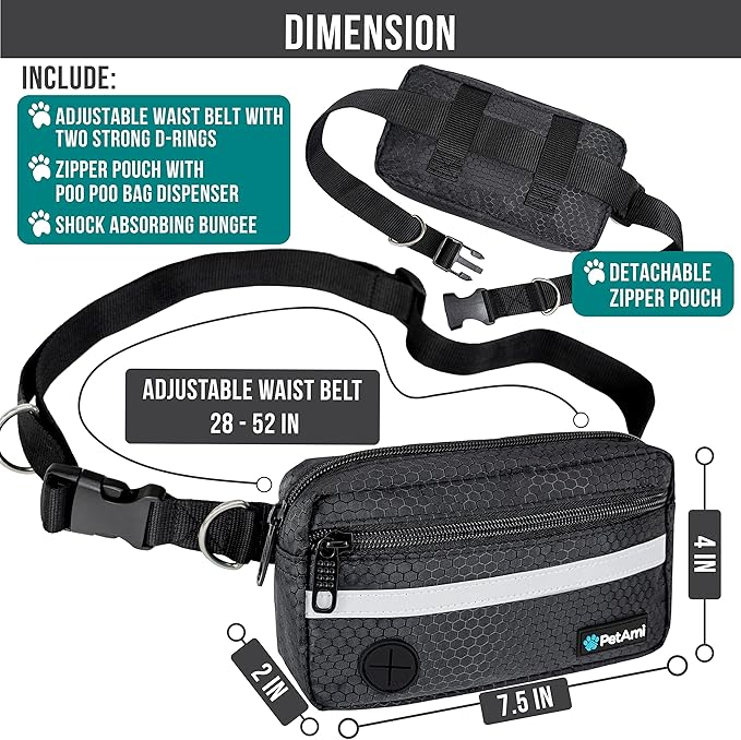 PetAmi Hands Free Dog Leash, Dog Running Leash Belt for Walking Jogging, Dog Waist Zipper Pouch Fanny Pack with Poop Bag Dispenser, Dual Padded Handle Bungee Leash for Small Medium Large Dogs, Double