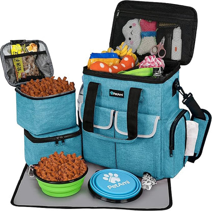 PetAmi Dog Travel Bag Pet Supplies Accessories Organizer for Traveling, Camping, Weekend; Cat Pet Travel Bag Kit Includes 2 Food Storage Containers, 2 Collapsible Bowls, 1 Feeding Mat (Teal Blue)