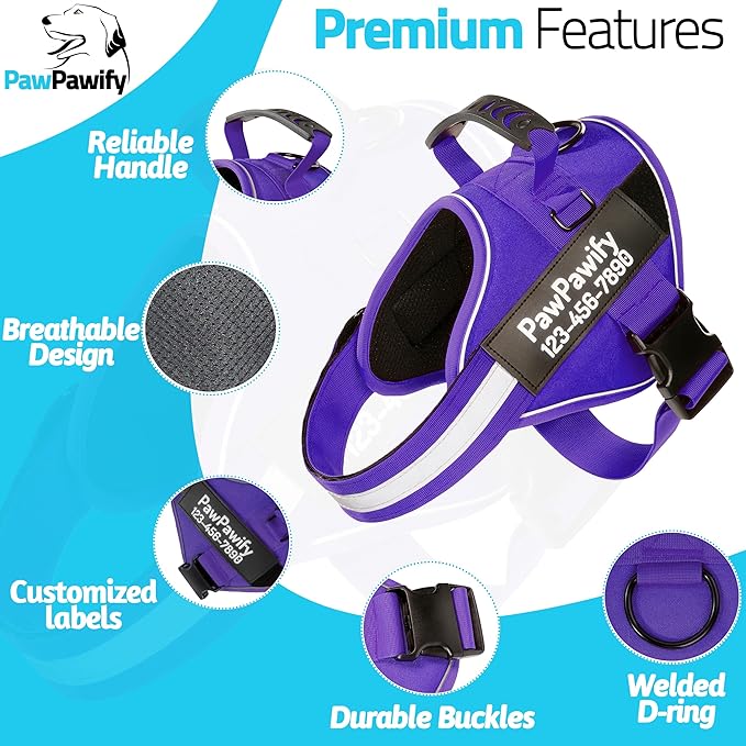 PawPawify Custom No Pull Dog Harness with Name and Phone Number, Heavy Duty Personalized Pet Vest to Prevent Tugging, Pulling, or Choking, Training and Walking (New Purple, XXL (85-140 LBS))