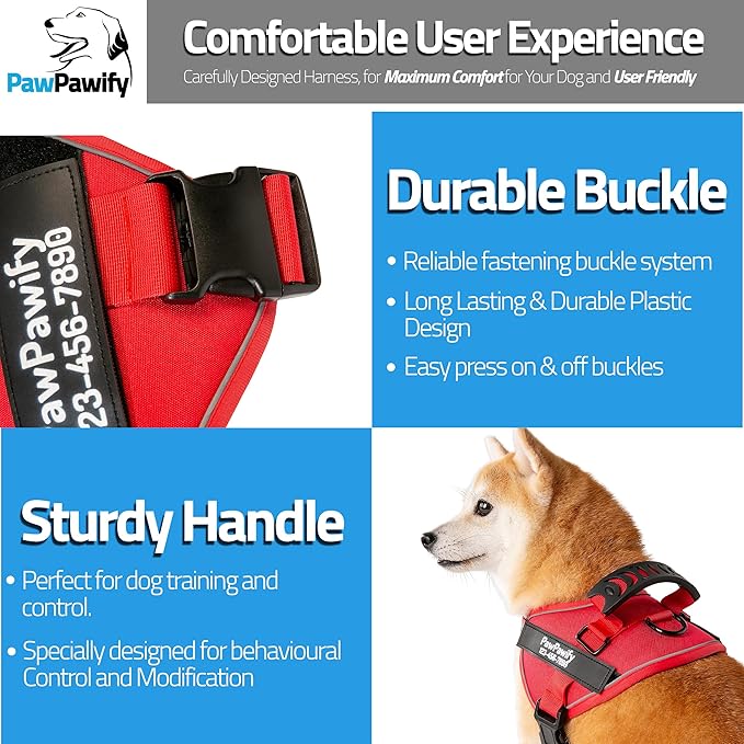 PawPawify Custom No Pull Dog Harness with Name and Phone Number, Heavy Duty Personalized Pet Vest to Prevent Tugging, Pulling, or Choking, Training and Walking (New Red, S (10-19LBS))