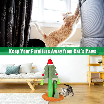 32” Cat Scratching Post, Tall Christmas Tree Cat Scratcher with 3 Posts and Cute Dangling Teaser Balls, Natural Sisal Rope Cat Toys for Kitty and Adult Cats