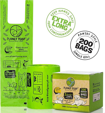 PLANET POOP Home Compostable Dog Poop Bags Extra Long with Handles | Large Single Roll 200 Grab & Go | Un-scented Dog Waste Bag | Leakproof Doggy & Cat Bags | Plant-Based Pet Supplies