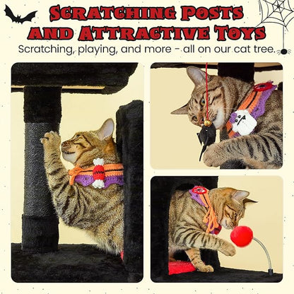 MWPO Gothic Large Cat Tree, 70.1-Inch Multi-Level Tall Cat Tower for Indoor Cats, Plush Cat Condo with Big Padded Perches, Sisal-Covered Scratching Posts, Hammock, Toys for Kittens & Cats, Black