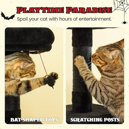 MWPO Gothic Cat Tree for Indoor Cats, 63.8 Inches Multi-Level Cat Tower with Sisal-Covered Scratching Posts, Padded Platform, Hammock, Dangling Toys, Stable Cat Condo Pet Play House, Black