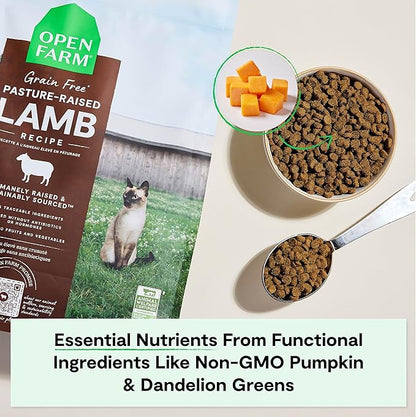 Open Farm, Grain Free Dry Cat Food, High-Protein Kibble for a Complete & Balanced Diet, Non-GMO Fruits & Vegetables, Prebiotic Fibers to Support Digestion, Pasture-Raised Lamb Recipe, 4lb Bag
