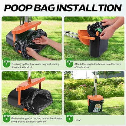 UPSKY Dog Pooper Scooper Swivel Bin & Rake Kit with 100 Waste Bags,33.4" Stainless Steel Long Handle Heavy Duty Pet Poop Shovel for Large Medium Small Dogs, Odor-Proof Lid for Yard/Lawn/Outdoor Use