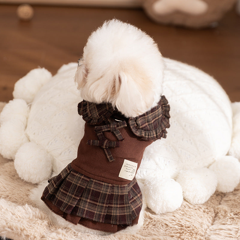 Autumn And Winter Dog Skirts With Check Patterns For Warmth, Cat Teddy Bichon Frise, High-end Custom Pet Clothing For Small And Medium-sized Dogs