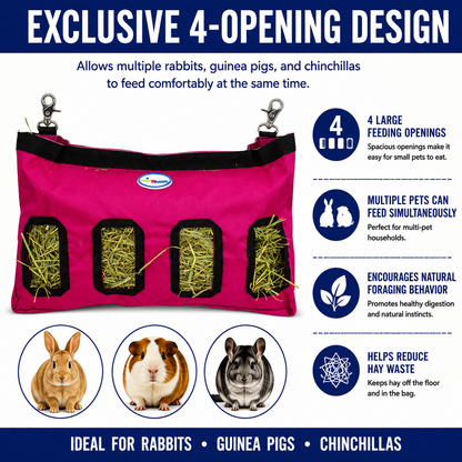 CuteNfuzzy 4-Opening Hay Bag for Rabbits, Guinea Pigs & Chinchillas, Medium Hanging Hay Feeder, 18" x 11" x 1.5", Helps Reduce Hay Waste & Cage Mess, 6-Month Warranty