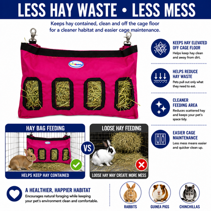CuteNfuzzy 4-Opening Hay Bag for Rabbits, Guinea Pigs & Chinchillas, Medium Hanging Hay Feeder, 18" x 11" x 1.5", Helps Reduce Hay Waste & Cage Mess, 6-Month Warranty