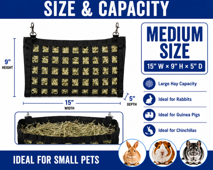 CuteNFuzzy Rabbit & Guinea Pig Hay Bag Feeder with Super Tough Bottom® Design | 56 Ultra Slow Feed Openings | Medium 15" x 9" x 5" Front Web Hay Feeder | Less Waste, Cleaner Cage | Made in USA Design