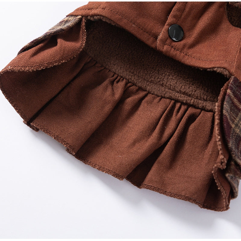 Cozy Brown Plaid Pet Sweater Dress - Fleece-Lined Dog Skirt And Cat Winter Clothes With Ruffle Trim