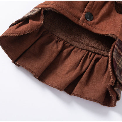 Cozy Brown Plaid Pet Sweater Dress - Fleece-Lined Dog Skirt And Cat Winter Clothes With Ruffle Trim