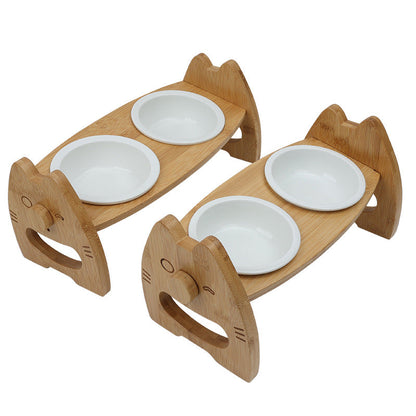 Pet Bowl Ceramic Double Bowl Wooden Stand Neck Protection Dog Cat Food Basin Height Adjustable Tilt Separate Bowls Pet Accessori