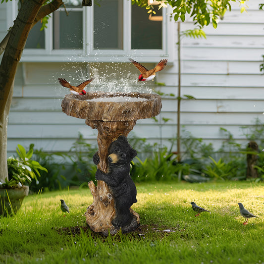 Concrete Bear Bird Bath Cub Climbing Stump 23 Inch