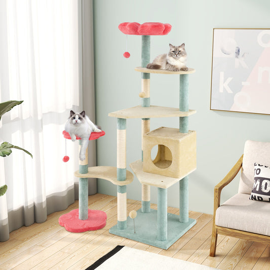 61 Inch Multi-Level Aesthetic Floral Kitten Tower with Flower-Shaped Padded Perch-Multicolor