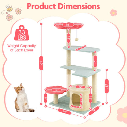 49 Inch Tall Multi-Level Aesthetic Floral Kitten Tower with Flower-Shaped Plush Padded Perch-Multicolor