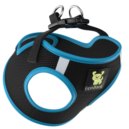 EcoBark Step In Dog Harness - XXXS to Small Breeds- Reflective Soft Mesh Harness for Teacup, Small Dogs and Puppies / Black w/ Teal Piping