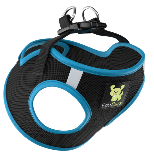 EcoBark Step In Dog Harness - XXXS to Small Breeds- Reflective Soft Mesh Harness for Teacup, Small Dogs and Puppies / Black w/ Teal Piping