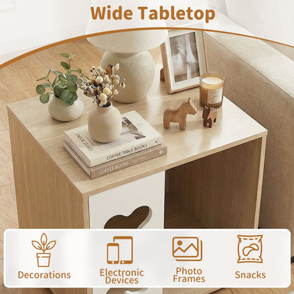 Cat Bed Side Table Wooden Cat Condo with Bone-shape Window and Thick Metal Legs-Natural