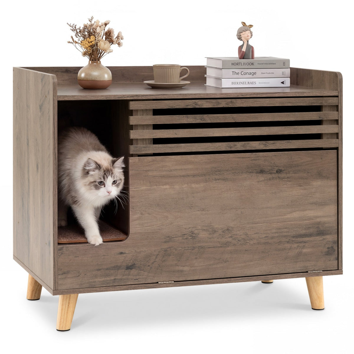 Cat Litter Box Enclosure with Flip-down Opening Door and Scratching Mat