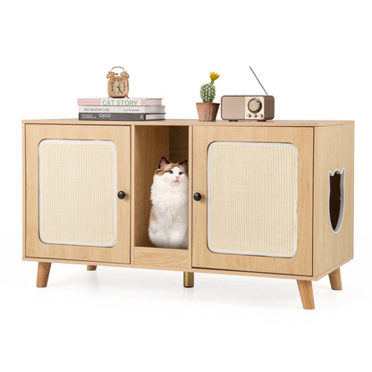 43 Inches Cat Litter Box Enclosure with Double Rooms and 2 Sisal Scratching Mats
