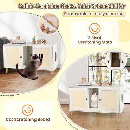 43 Inches Cat Litter Box Enclosure with Double Rooms and 2 Sisal Scratching Mats