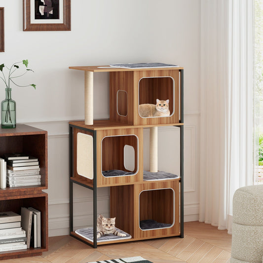 Modern Cat Tree Cat House with Metal Frame and Scratching Posts-Natural