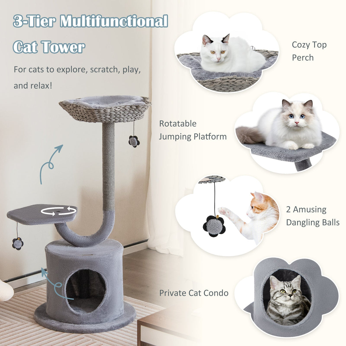 42 Inch Tall Cat Tower with Curved Metal Supporting Frame for Large and Small Cats-Gray