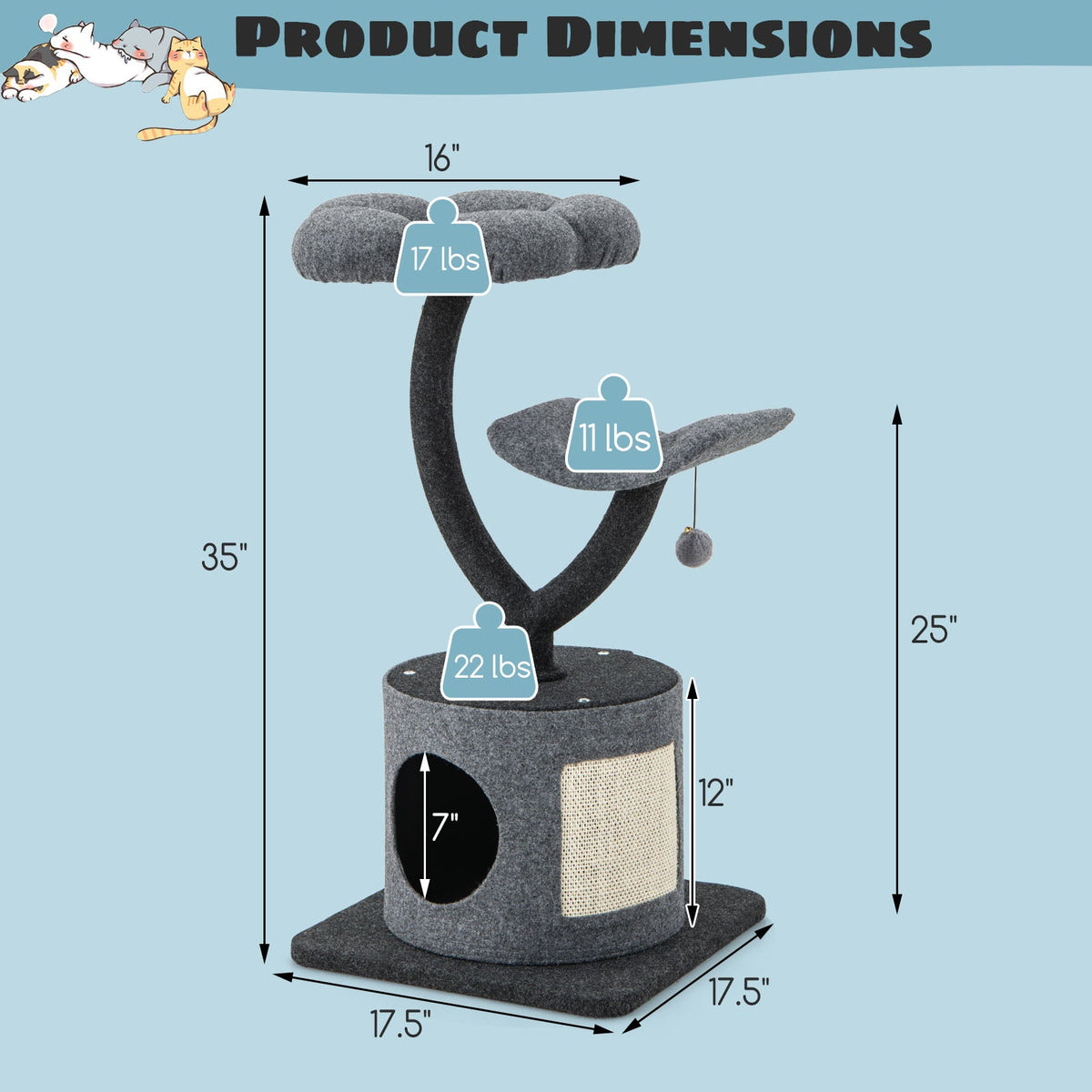 Cat Tree for Indoor Cats with Curved Metal Supporting Frame for Large & Small Cats-Gray