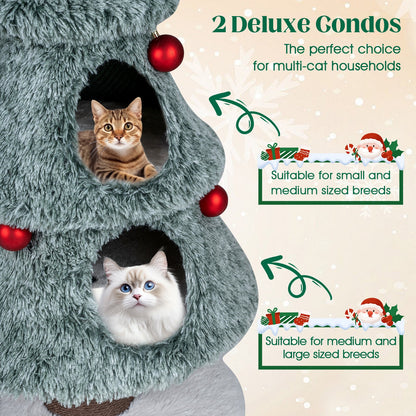 Christmas Cat Tree for Indoor Cats 48.5 inch Cute Cat Tower with 2 Large Condos Scratching Post-Green