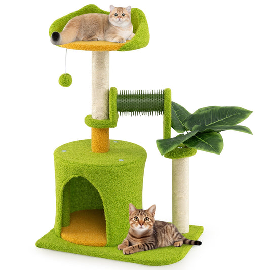 Cute Palm Cat Tree for Indoor Cats with Artificial Leaves-Green