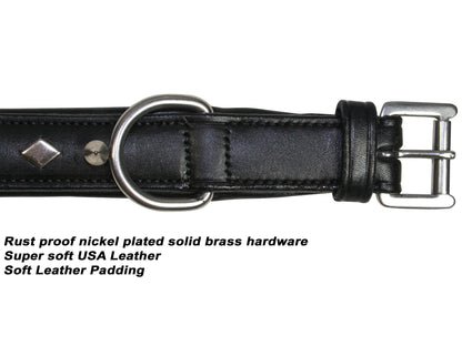 Derby Dog Designer Series USA Leather Spikes and Diamond Padded Dog Collar with Stainless Steel Rolled Buckle for Comfort
