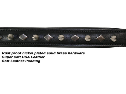 Derby Dog Designer Series USA Leather Spikes and Diamond Padded Dog Collar with Stainless Steel Rolled Buckle for Comfort
