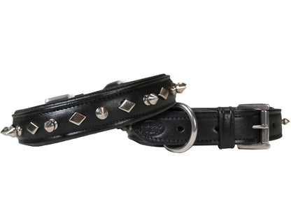 Derby Dog Designer Series USA Leather Spikes and Diamond Padded Dog Collar with Stainless Steel Rolled Buckle for Comfort
