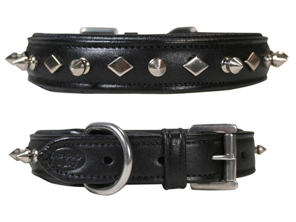 Derby Dog Designer Series USA Leather Spikes and Diamond Padded Dog Collar with Stainless Steel Rolled Buckle for Comfort