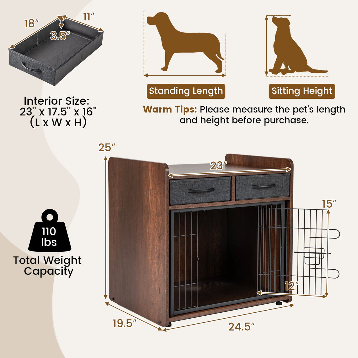 Dog Crate Furniture Indoor Dog Cage with 2 Fabric Drawers End Table
